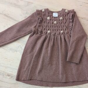 Zara Kids' Tan Knit Dress with Floral Accents